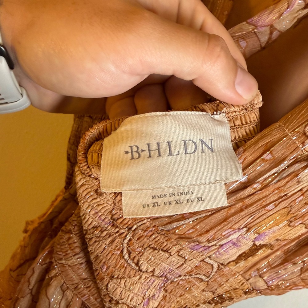 BHLDN Bronze High Neck Floral Metallic Maxi Dress XL Open Back Smocked Waist - Picture 6 of 6